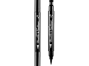 Pinkiou 2 in 1 Double-headed Liquid Eyeliner Pen Stamp Super Slim Gel Felt Tip High Pigment Black Waterproof Smudgeproof Long Lasting Tattoo Makeup Tool(Star)