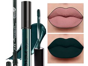 2Pcs Dark Green Matte Lip Liner and Lipstick Makeup Set