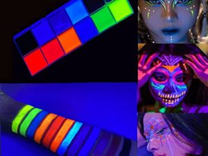VERONNI Halloween 12 Colors Glow In The Dark Body Paint Palette Black Light Luminous Face Paint For Adult Easter Christmas Body Face Paint Fluorescent Face Oil Base Makeup(12 Colors Luminous Body Palette)