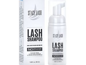 Eyelash Extension Shampoo Stacy Lash + Brush / 1.69 fl.oz / 50ml / Eyelid Foaming Cleanser / Wash for Extensions & Natural Lashes / Paraben & Sulfate Free Safe Makeup Remover / Supplies for Professional & Home Use