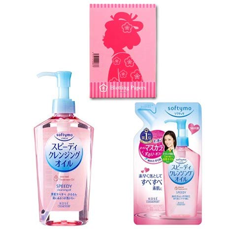 KOSE Softymo Speedy Cleansing Oil (230mL) with Refill Bottle (200mL) - Japanese Makeup and Mascara Remover Wash - Clears Pores and Smooths Skin - Includes Oil Blotting Paper KOSE Softymo Speedy Cleansing Oil (230mL) with Refill Bottle (200mL) - Japanese Makeup and Mascara Remover Wash - Clears Pores and Smooths Skin - Includes Oil Blotting Paper