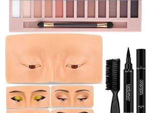 Makeup Practice Face Board 3D Realistic Pad with 12 Colors Eyeshadow Palette & Winged Eyeliner Stamp & Cleaning Brush for Makeup Artist Board Makeup Practice