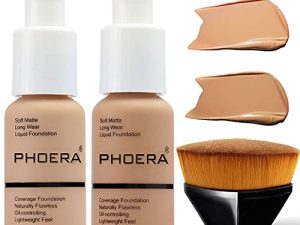 2 Pcs Liquid Foundation Full Coverage 24HR 30ml Matte Oil Control Foundation Makeup Concealer (Buff Beige & Sand) with Kabuki Foundation Brush Flat Top