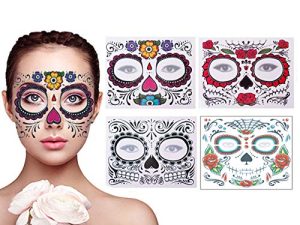 4 Pack Day of The Dead Sugar Skull Face Temporary Tattoo Halloween Makeup Tattoo Stickers for Halloween Masquerade Party(Floral