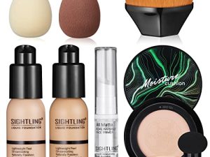 SIGHTLING 30ml Foundation Liquid Full Coverage 24HR Matte Oil Control Concealer (Nude & Buff Beige) with Face Primer & Air Cushion CC Cream Mushroom Head Foundation & Makeup Brush & Makeup Sponges