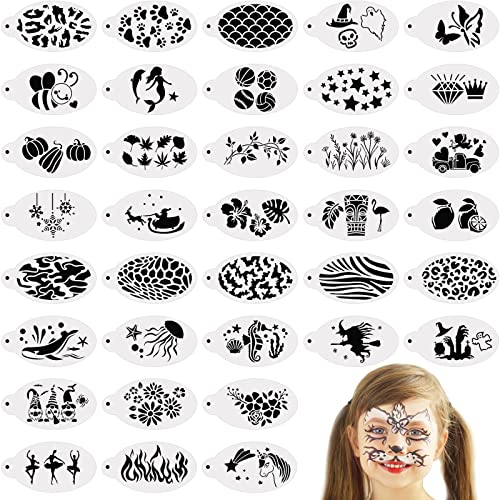 Jecery 36 Pcs Face Paint Stencils Reusable Makeup Temporary Tattoos Body Painting Mermaid Unicorn Leopard Tattoo Witch Ghost Pumpkin Skull Templates for Halloween (Fresh Style) Jecery 36 Pcs Face Paint Stencils Reusable Makeup Temporary Tattoos Body Painting Mermaid Unicorn Leopard Tattoo Witch Ghost Pumpkin Skull Templates for Halloween (Fresh Style)