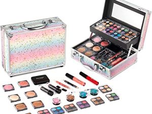 Hot Sugar Makeup Kit for Women Full Kit Teen Girls Starter Cosmetic Gift Set with Beautiful Rainbow Train Case Includes Pigmented Eyeshadow Palette Blush Lipstick Lip Pencil Eye Pencil (Rainbow)