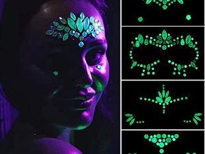 Luminous Face Gems Tattoo Stickers Body Jewelry Glow in the Dark Fluorescent Face Rhinestone Tattoo Noctilucent Temporary Tattoo Sparkly DIY Jewel Paste for Halloween Christmas Festival Makeup(4 Sets)