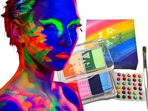 KLDSCP 8 Color Eyeliner UV Bright Neon Halloween SFX Makeup Kit | Water Activated | Festival & Party (Face Diamonds + Brush included)