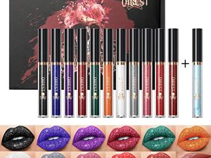 YIBABY 12 Pcs Matte to Glitter Liquid Lipstick Set，11Pcs Diamond Shining Sparkly Lip Gloss + 1Pcs Lip Plumper Makeup Set Long Lasting Waterproof Halloween Metalic Glitter Lipsticks Gift Set