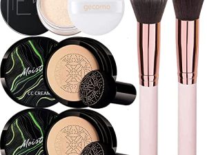 Miniling 2 Pack Air Cushion CC Cream Mushroom Head Moisturizing Long Lasting Matte Foundation with Makeup Setting Loose Powder & 2 PCS Foundation Brush Powder Brush (Natural Color)