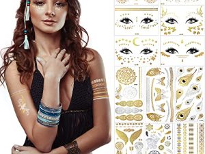 12 Sheets Metallic Gold Temporary Tattoos Henna Face Tattoos Sticker Set Mandala Flowers Fake Tattoo Stickers Waterproof Freckle Face Stickers for Women Girls Halloween Party Costume Makeup