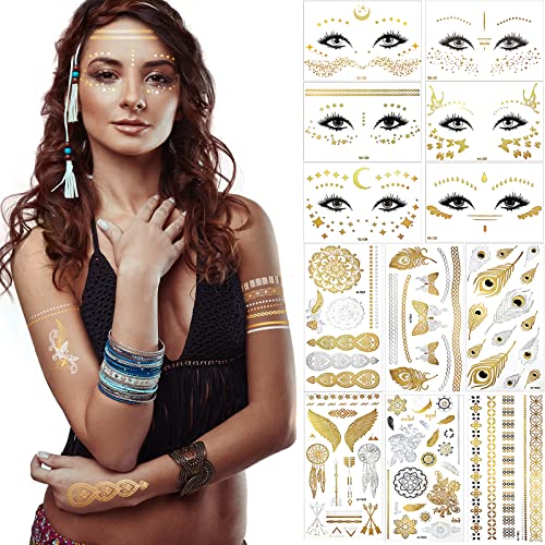 12 Sheets Metallic Gold Temporary Tattoos Henna Face Tattoos Sticker Set Mandala Flowers Fake Tattoo Stickers Waterproof Freckle Face Stickers for Women Girls Halloween Party Costume Makeup 12 Sheets Metallic Gold Temporary Tattoos Henna Face Tattoos Sticker Set Mandala Flowers Fake Tattoo Stickers Waterproof Freckle Face Stickers for Women Girls Halloween Party Costume Makeup