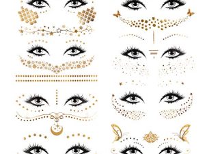 Konsait 8 Sheets Face Tattoo Sticker Metallic Temporary Transfer Tattoo Waterproof Face Jewels for Women Girls Make Up Dancer Costume Parties