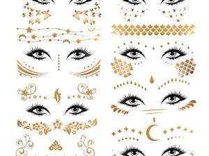 Konsait 8 Sheets Face Tattoo Sticker Metallic Temporary Transfer Tattoo Waterproof Face Jewels for Women Girls Make Up Dancer Costume Parties