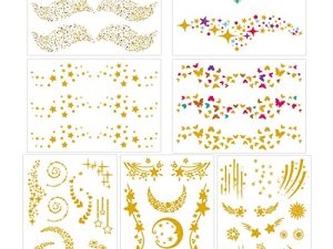 Konsait 7sheets Face Tattoo Sticker Metallic Temporary Transfer Tattoo Waterproof Face Jewel s for Women Girls Make Up Dancer Costume Parties
