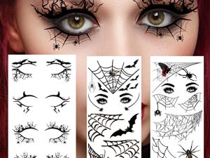 4 Pairs Halloween Eye Shadow Stickers Eyeliner Decals Spider Web Skull Bat Temporary Tattoo Stickers Face eye Makeup Stickers for Women Girls Halloween Masquerade Party.