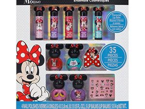 Townley Girl Disney Minnie Mouse Sparkly Cosmetic Makeup Set for Girls with Lip Balm Nail Polish Nail Stickers -35 Pcs|Perfect for Parties Sleepovers Makeovers|Birthday Gift for Girls above 3 Yrs