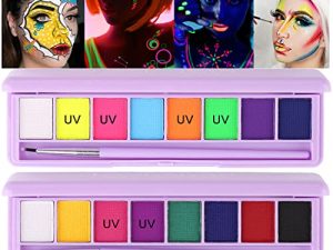 2 Pack Neon Makeup Palette Set Rainbow Colorful UV Body Paint Waterproof Smudgeproof Eyeliner Eyeshadow Face Painting Black Light Glow Fluorescent Kit for Halloween Party Makeup