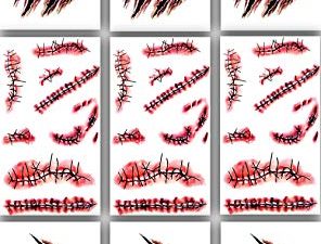9pcs Horror Realistic Fake Bloody Wound Stitch Scar Scab Waterproof Temporary Tattoo Sticker Halloween Masquerade Prank Makeup Props
