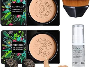 2PCS Mushroom Head Air Cushion CC Cream BB Cream Foundation Full Coverage Foundation 24HR Matte Oil Control Concealer With Makeup Face Primer & Petal-Shaped Cosmetics Brush(Natural)