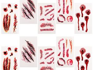 Sibba Fake Blood Temporary Tattoo Body Art Skin Stickers 10 Pieces Horror Realistic Bloody Wound Stitch Scar Scab Bruise Halloween Cosplay Makeup Kit