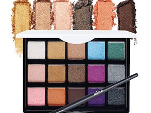 Waterproof 15 Colors Shimmer Eyeshadow Palette with Brush.Longwearing Highly Pigmented Glitter Makeup Palet.Blue Green Purple Pink Grey Gold Shiny Rainbow Eye Makeup.paleta de sombras de colores