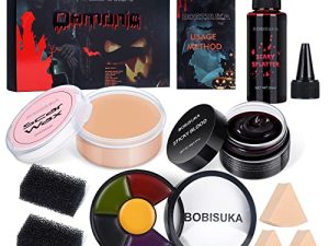 BOBISUKA Special Effects SFX Halloween Makeup Kit - 5 Colors Bruise Makeup Face Body Painting Palette + Scar Wax with Spatula Tool + Fake Blood Splatter Spray + Fake Blood Cream + Stipple Sponges