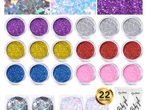 EYESEEK Holographic Body Glitter Powder Mix Total 160g 22Pack+ 2Pcs Body Glitter Glue Makeup Set Chunky Face Glitter Makeup Set Body