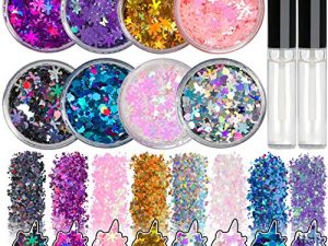 8 Jars of Cosmetic Chunky Glitter Shimmer Body Face Hair Eye Musical Festival Carnival Dance Halloween Party Beauty Makeup Temporary Tattoos Multicolored (80g/2.82oz) + Quick Dry Glitter Glue(10ml)