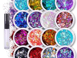 Chunky Holographic Body Glitter I 16 Colors + Glitter Glue for Face Glitter Makeup