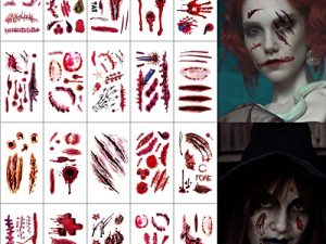 154 PCS Halloween Scar Temporary Tattoos - Horror Zombie Makeup Realistic Fake Bloody Wound Stitch Vampire Bite Waterproof Tattoo Stickers for Women Men Adult Kid Cosplay Party Masquerade Prank Prop