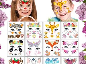 Animal Face Tattoos Stickers for Kids Temporary Fake Paint Tattoos 12 Sheets