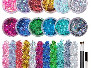 Holographic Chunky Face Body Glitter - 12 Colors +1 Glitter Glue + 2 Brush for Hair