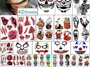 Yazhiji 42 Sheets Halloween Temporary Tattoo Family Set Day of Dead Pumpkin Ghost for Women Black Fake Death Skull Skeleton Tatoos for Men Boy and Girl